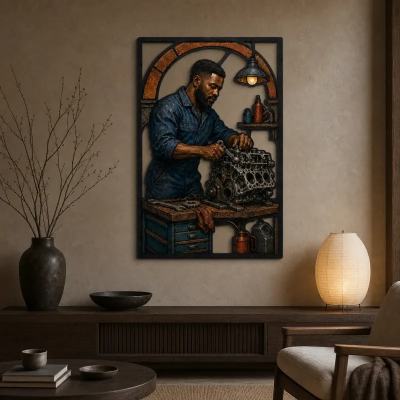 Auto Mechanic Rebuilding Engine in Workshop Colorful Metal Wall Art