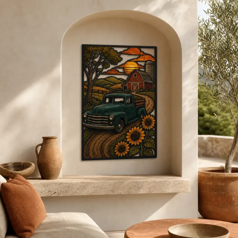 Vintage Pickup Truck by Barn and Sunflowers Colorful Metal Wall Art