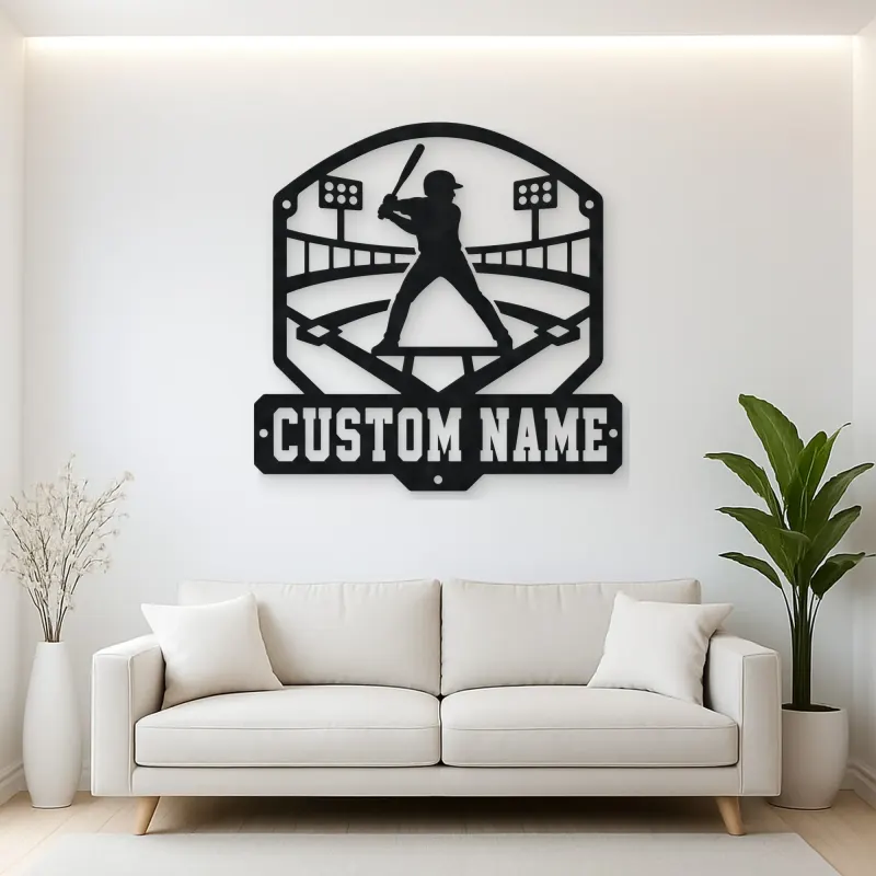 Personalized Baseball Batter Stadium Lights Metal Wall Art