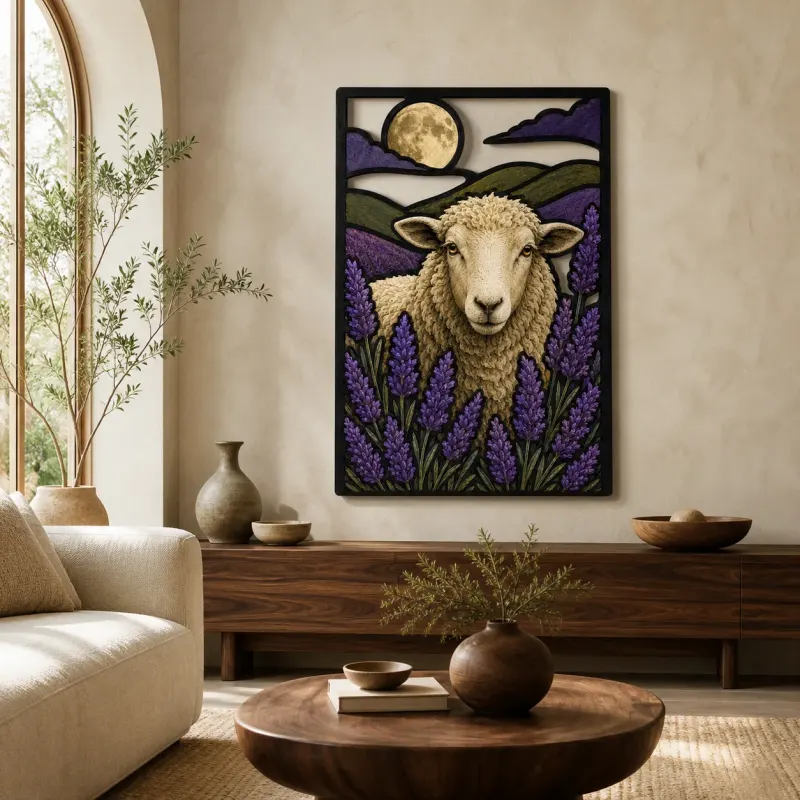 Schafe zwischen Lavendelfeldern unter dem Vollmond Farbige Metall-Wandkunst