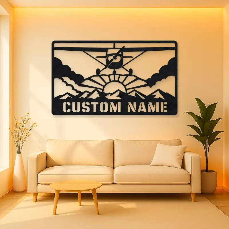 Personalized Propeller Airplane Metal Wall Art with Mountains