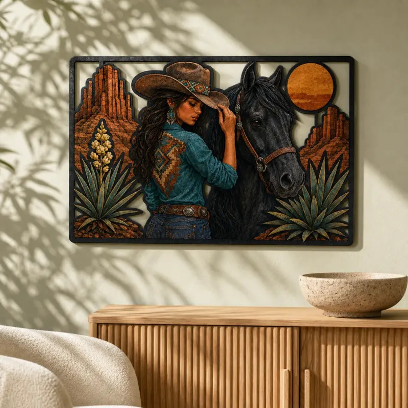 Cowgirl with Black Horse and Desert Moon Colorful Metal Wall Art