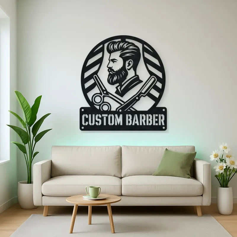 Personalized Barber Metal Wall Art with Scissors and Razor
