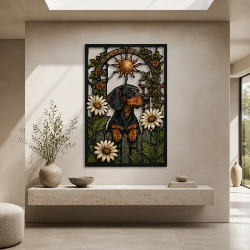 Dachshund in Daisy Garden beneath Copper Sun Colorful Metal Wall Art