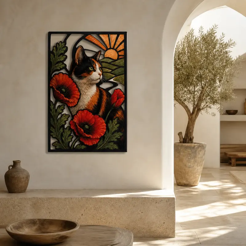 Calico Cat with Red Poppies at Sunrise Colorful Metal Wall Art