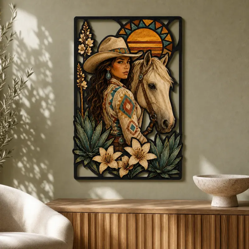 Cowgirl with Palomino Horse and Desert Lilies Colorful Metal Wall Art