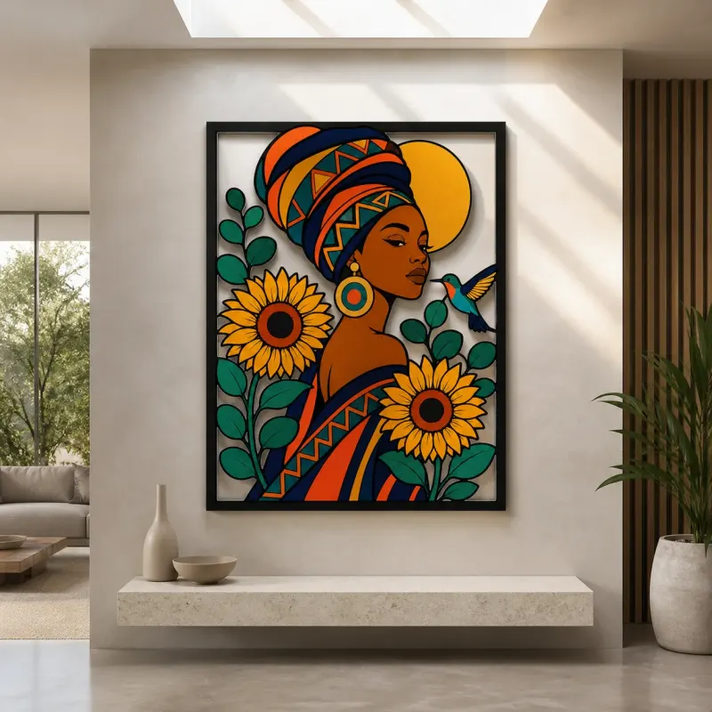 Afro Woman in Headwrap with Sunflowers and Hummingbird Colorful Metal Wall Art