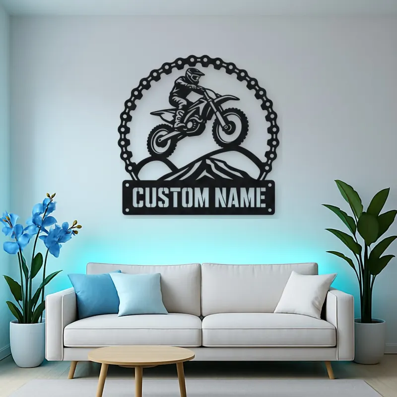 Personalized Motocross Rider Metal Wall Art with Mountain Jump