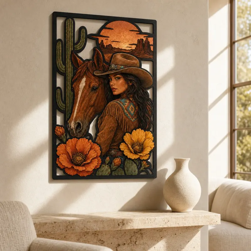 Cowgirl with Horse Poppies and Desert Cactus Colorful Metal Wall Art