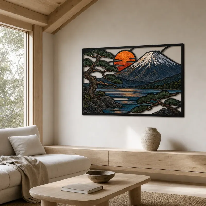Mount Fuji with Pine Tree and Copper Sunset Colorful Metal Wall Art