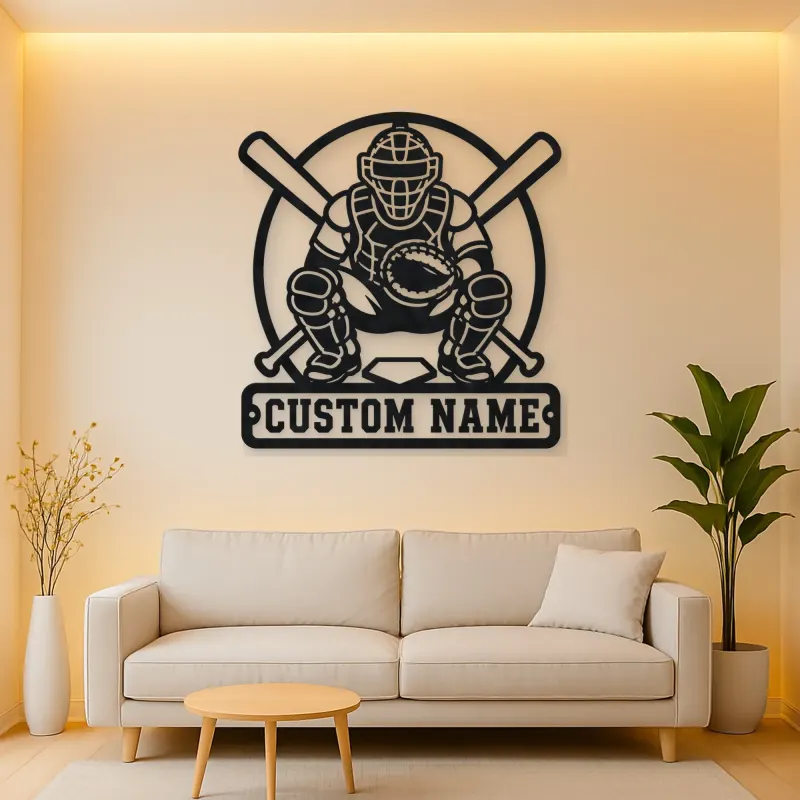 Personalized Baseball Catcher Crossed Bats Metal Wall Art