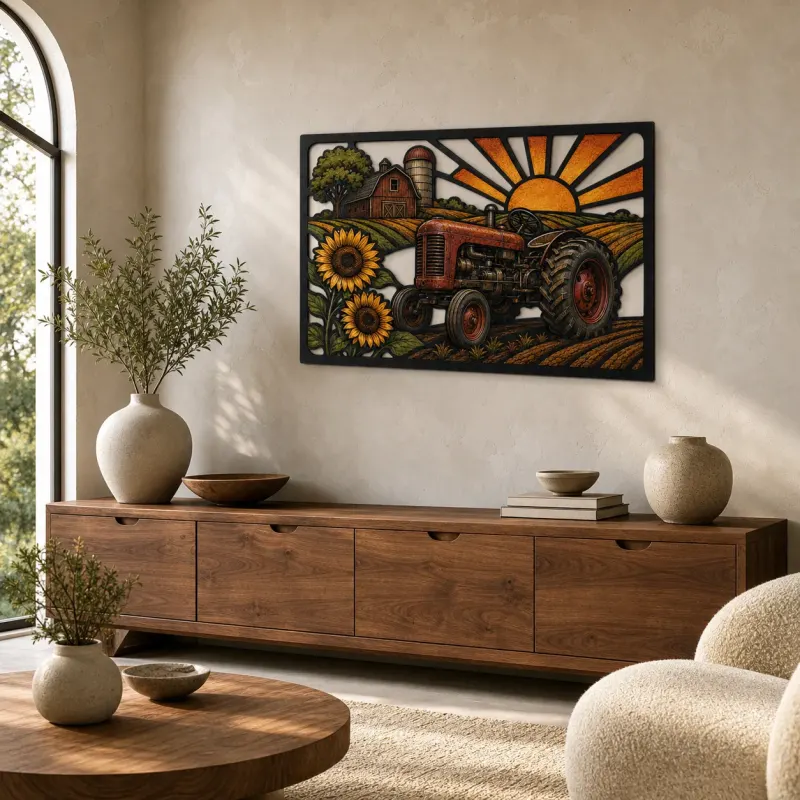 Vintage Traktor mit Sonnenblumen bei Sonnenaufgang - Buntes Metallschild