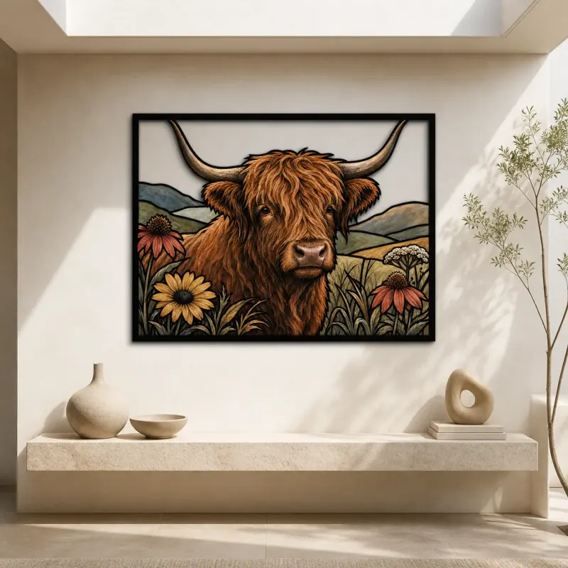 Highland Cow with Colorful Meadow Flowers Metal Wall Art