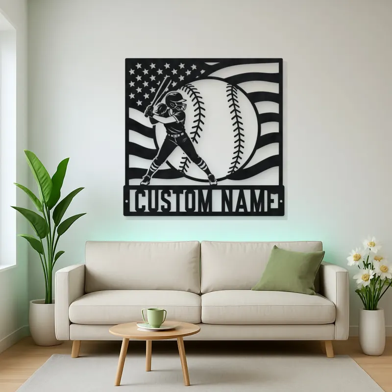 Personalized Softball Player and American Flag Metal Wall Art