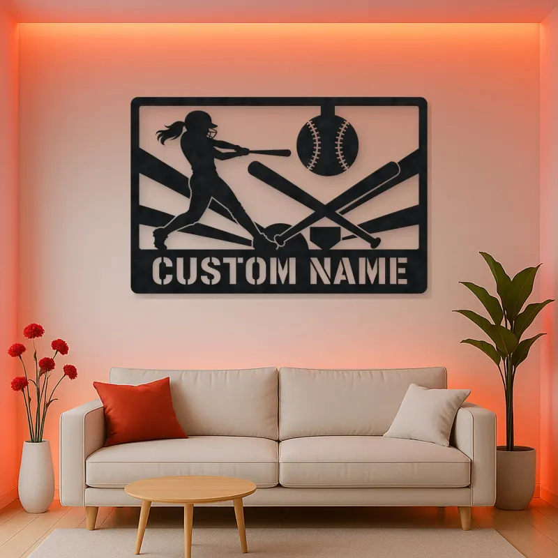 Personalized Softball Player Metal Wall Art with Crossed Bats