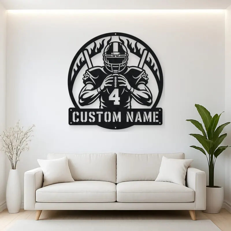Personalized Number 4 Football Player Flame Metal Wall Art