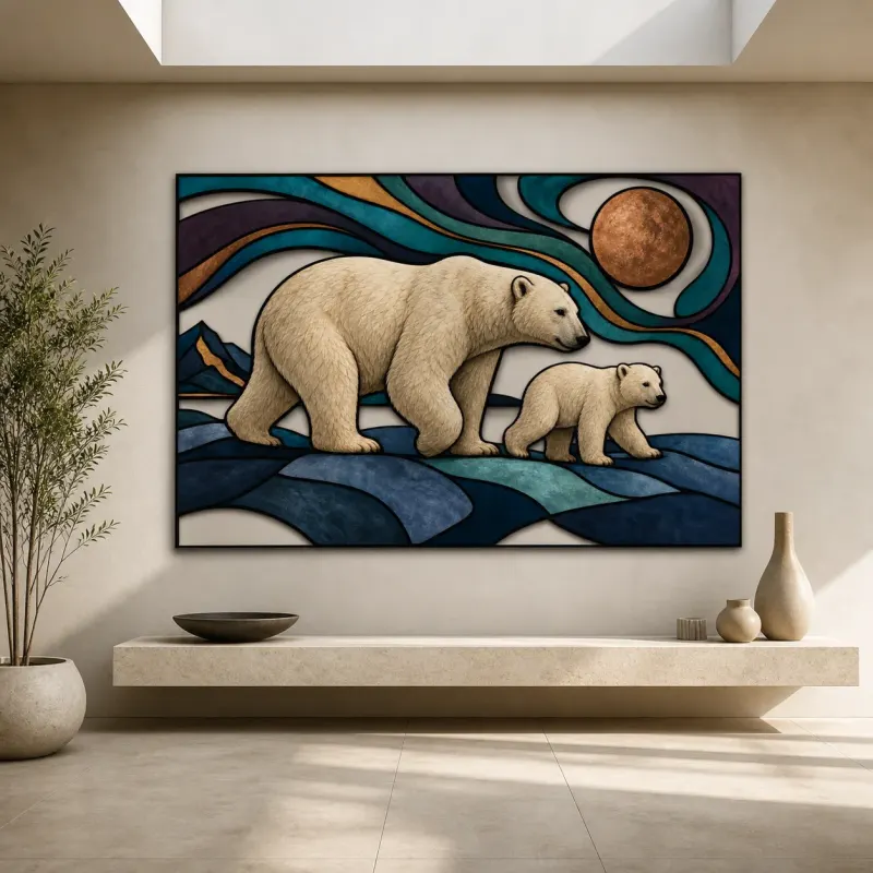 Polar Bear Mother and Cub beneath Copper Moon Colorful Metal Wall Art