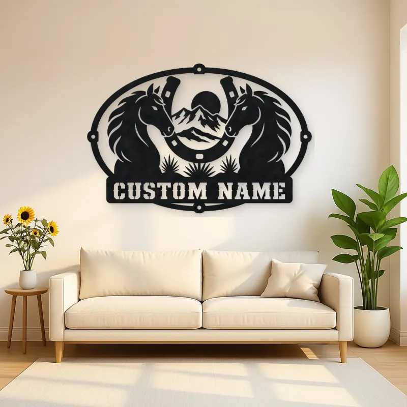 Personalized Two Horse Metal Wall Art with Horseshoe Frame