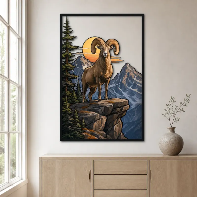 Bighorn Ram on Mountain Cliff at Sunset Colorful Metal Wall Art