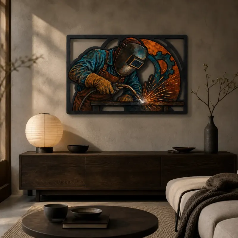 Welder at Work with Sparks and Gears Colorful Metal Wall Art