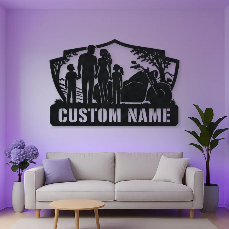 Personalized Family of Four Motorcycle Landscape Metal Wall Art