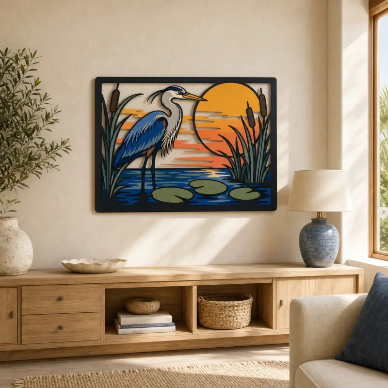 Great Blue Heron in Sunset Pond with Cattails Colorful Metal Wall Art