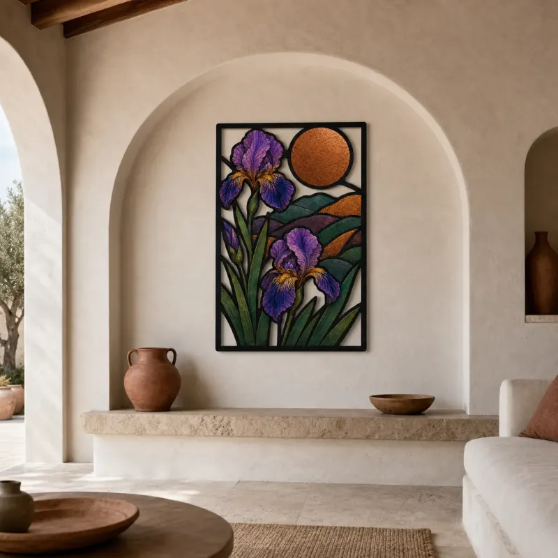 Purple Iris Flowers in Mountain Landscape Colorful Metal Wall Art