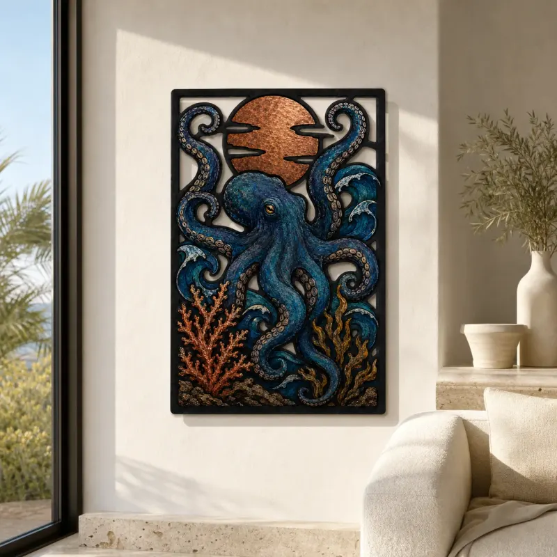 Blue Octopus with Coral and Copper Moon Colorful Metal Wall Art