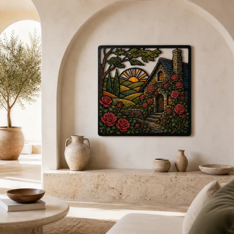 Stone Cottage Covered in Climbing Red Roses Colorful Metal Wall Art