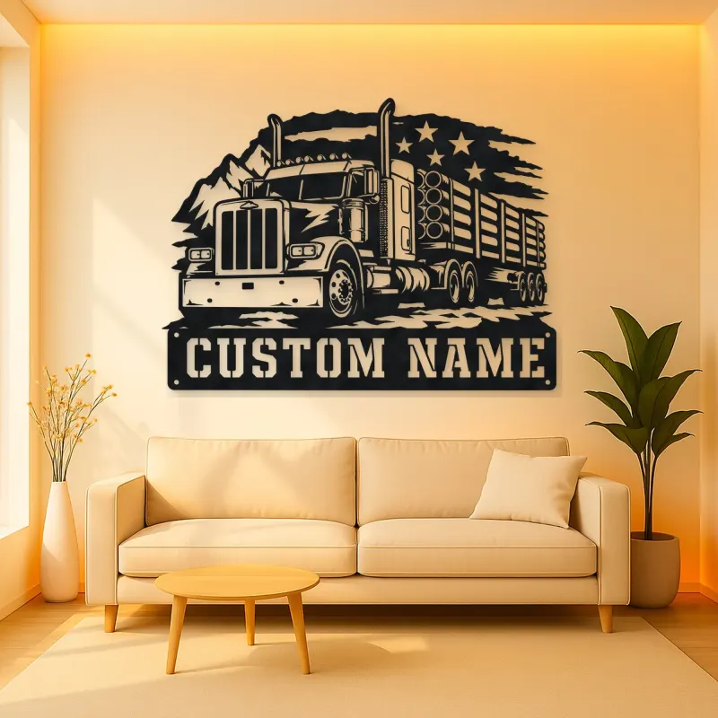 Personalized Logging Semi Truck Patriotic Mountain Metal Wall Art