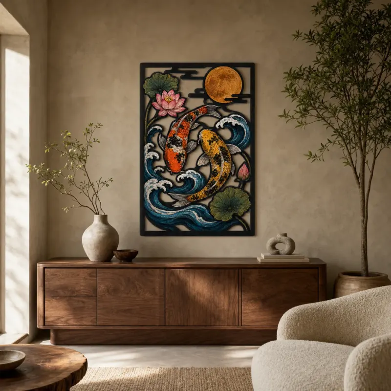 Coppia di Koi nelle Onde Oceaniche sotto la Luna Piena Insegna in Metallo Colorata