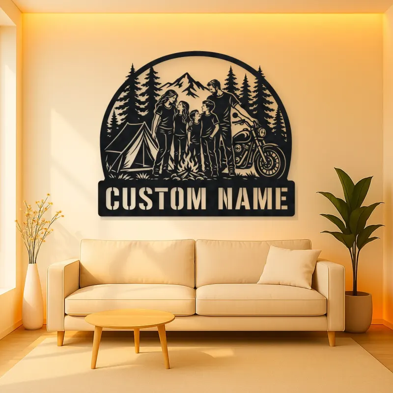 Personalized Family of Five Camping Motorcycle Metal Wall Art