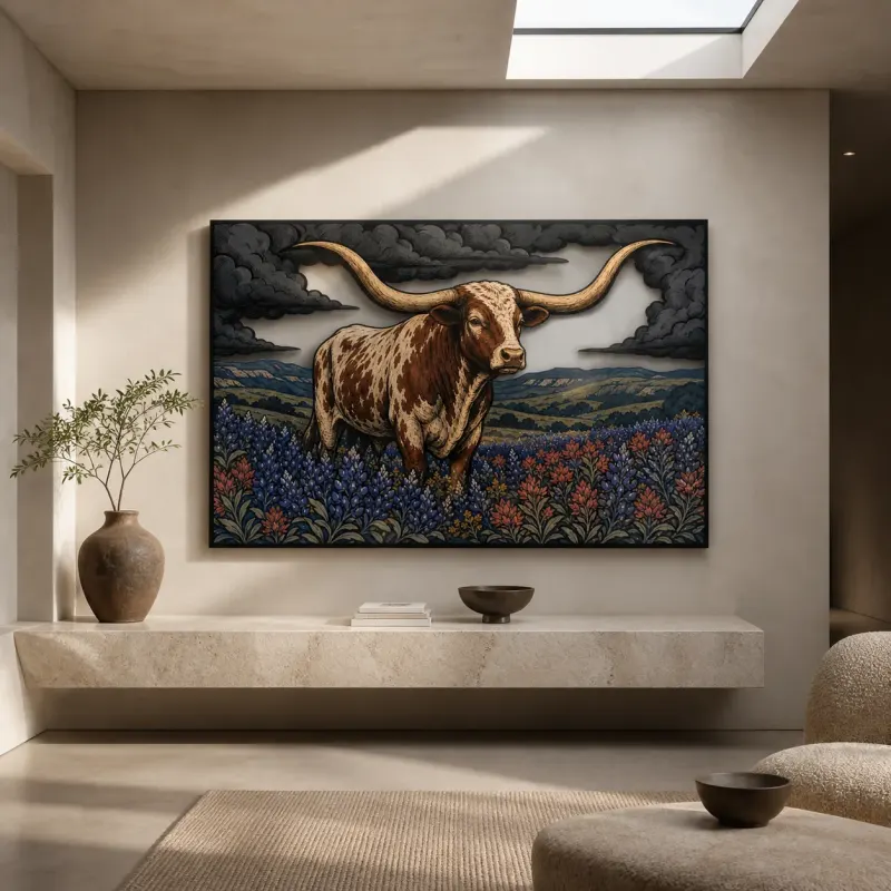 Texas Longhorn in Bluebonnet Field beneath Storm Clouds Colorful Metal Wall Art