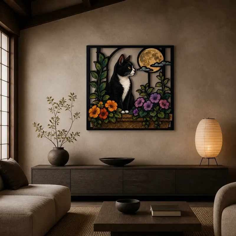 Tuxedo Cat in Flower Window beneath Full Moon Colorful Metal Wall Art