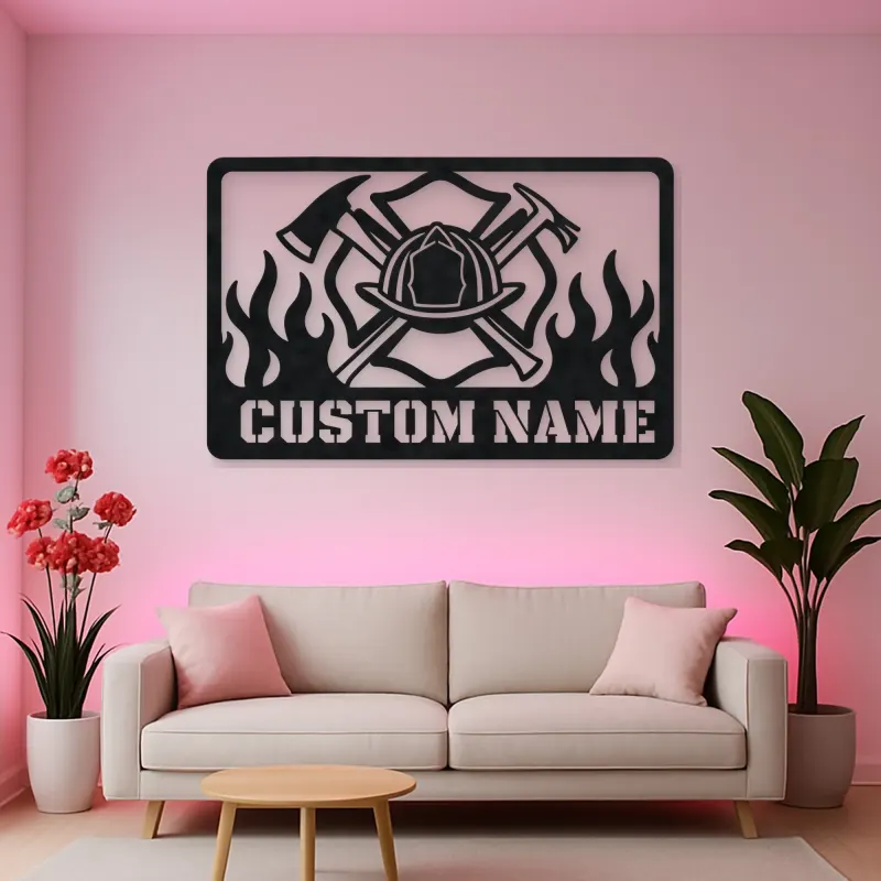 Personalized Firefighter Helmet Metal Wall Art with Flames