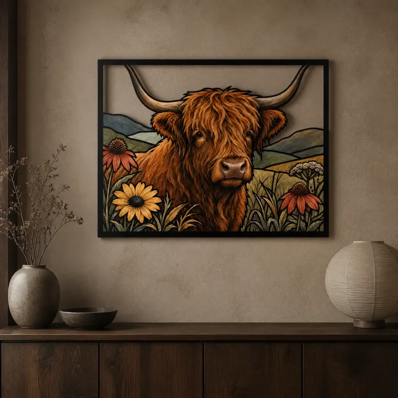 Highland Cow with Colorful Meadow Flowers Metal Wall Art
