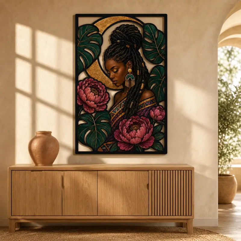 Braided Afro Woman with Peonies and Monstera Leaves Colorful Metal Wall Art