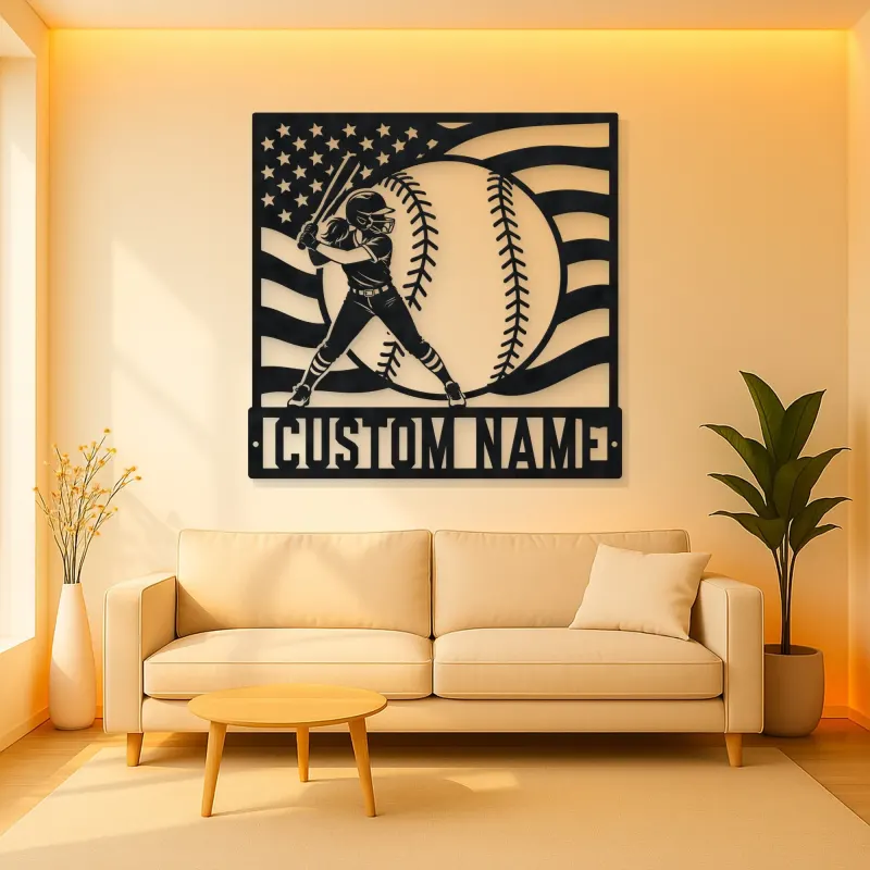 Personalized Softball Player and American Flag Metal Wall Art