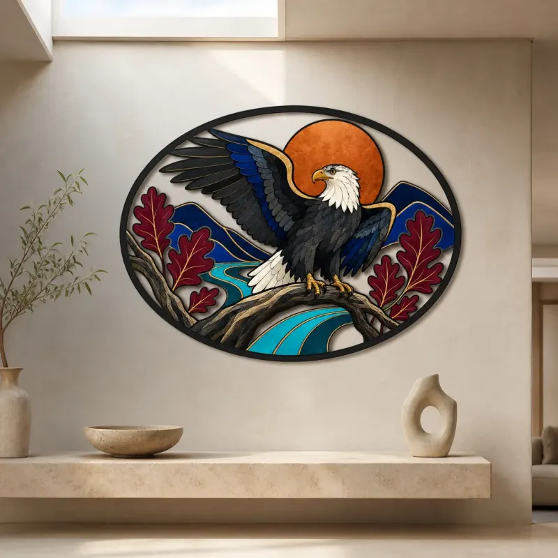 Bald Eagle on Oak Branch beneath Copper Moon Colorful Metal Wall Art