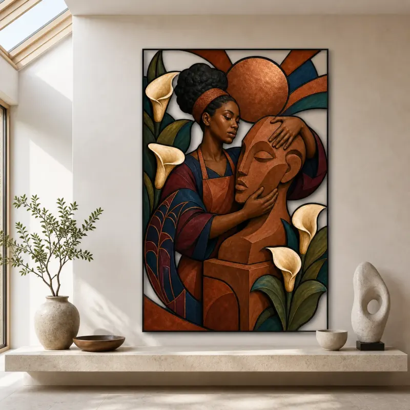 Black Woman Sculptor with Statue and Calla Lilies Colorful Metal Wall Art