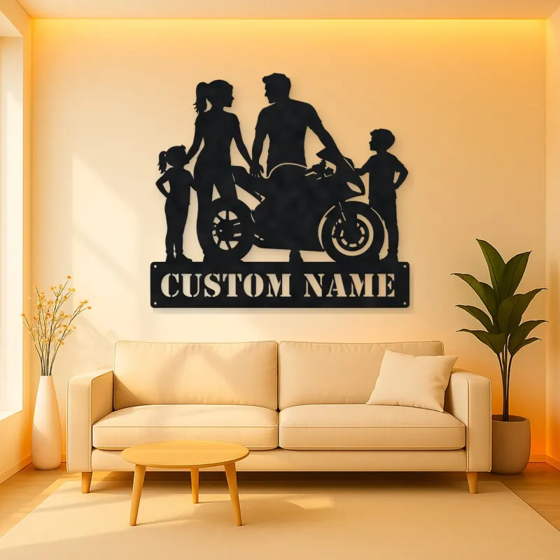 Personalized Sport Motorcycle Family of Four Metal Wall Art