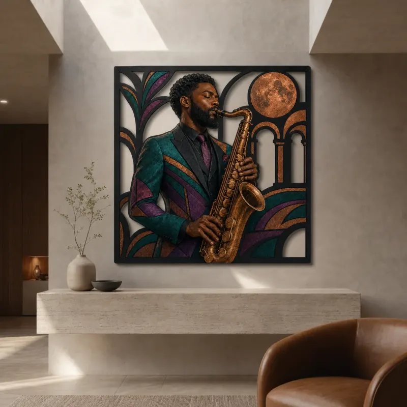 Black Saxophone Player in Art Deco Jazz Scene Colorful Metal Wall Decor