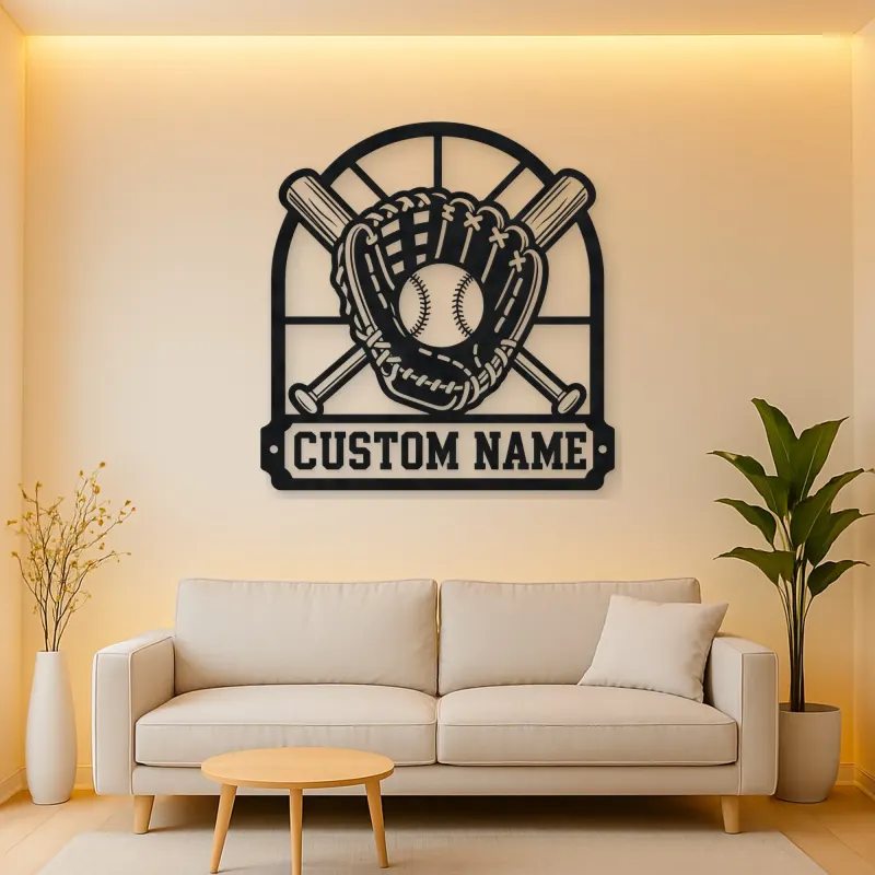 Personalized Baseball Glove Ball and Crossed Bats Metal Wall Art