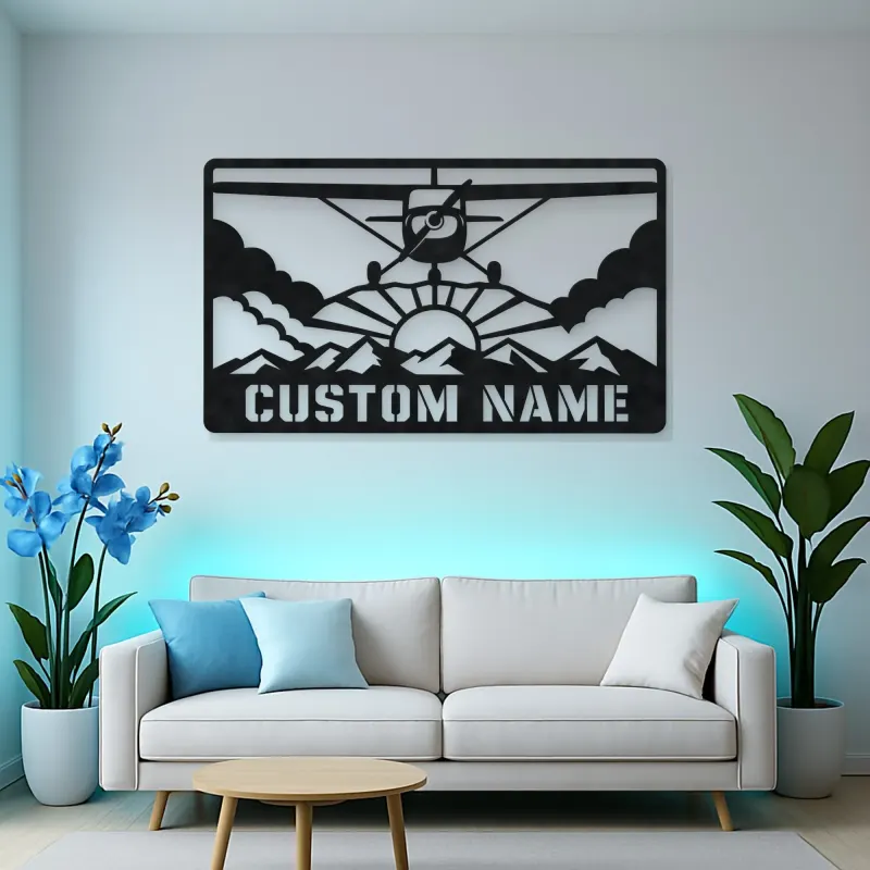 Personalized Propeller Airplane Metal Wall Art with Mountains