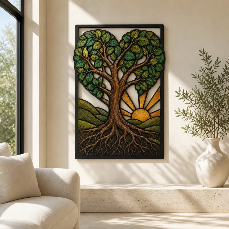 Heart Shaped Tree of Life at Sunrise Colorful Metal Wall Art