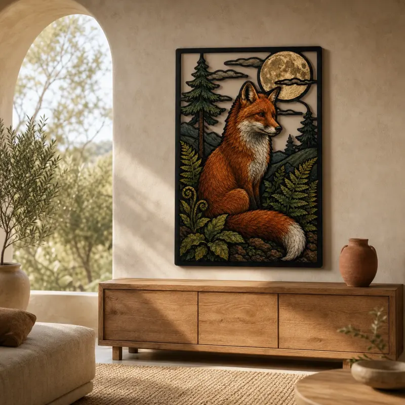 Red Fox in Pine Forest under Full Moon Colorful Metal Wall Art