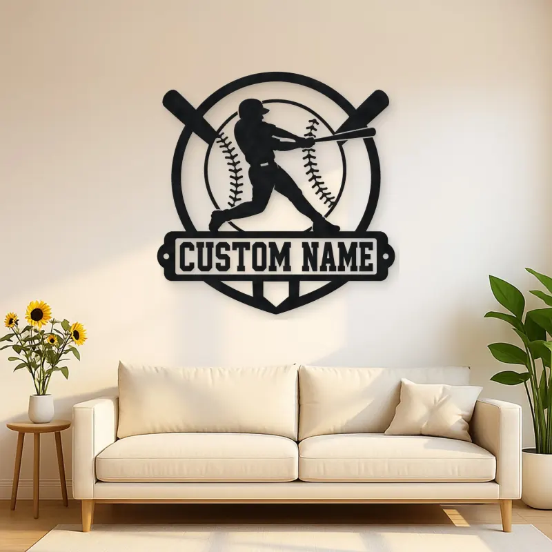 Personalized Baseball Batter Crossed Bats Metal Wall Art