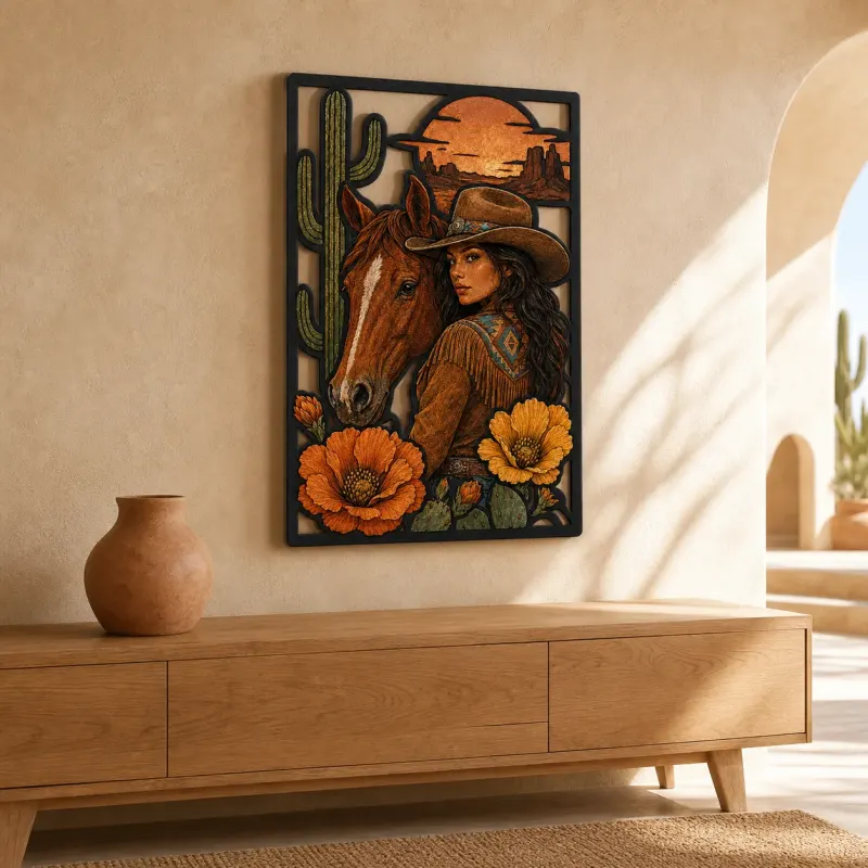 Cowgirl with Horse Poppies and Desert Cactus Colorful Metal Wall Art