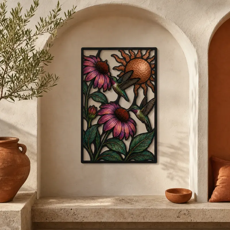 Hummingbirds with Purple Coneflowers and Copper Sun Colorful Metal Wall Art