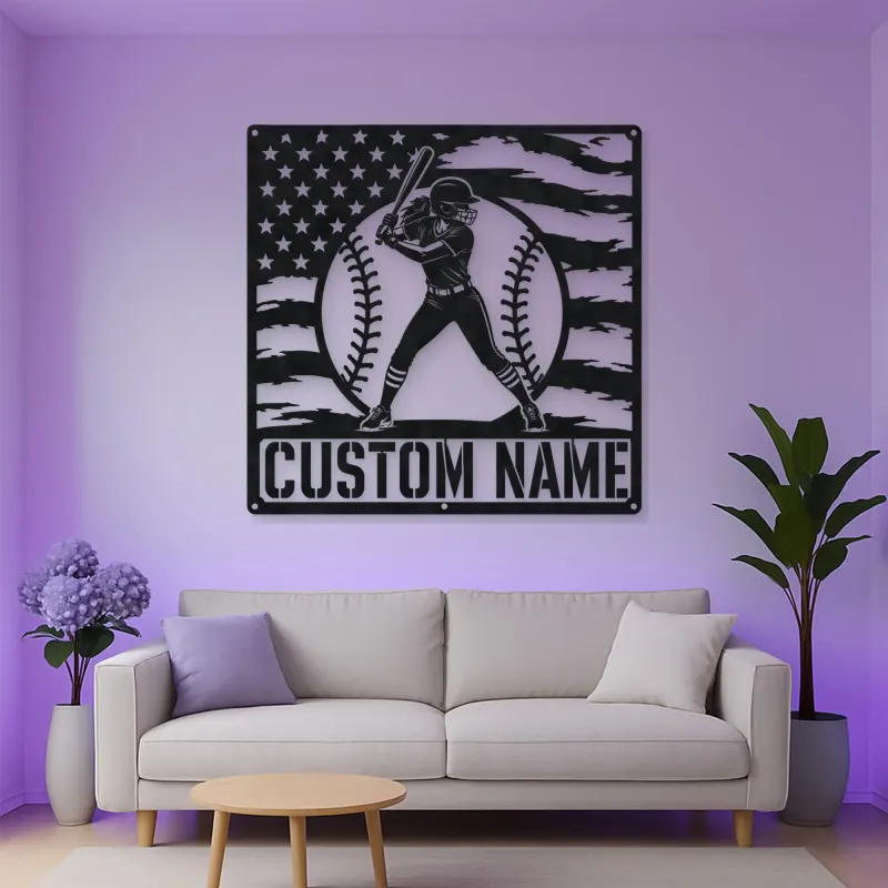 Personalized Female Softball Batter American Flag Metal Wall Art
